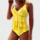 Elegant Swimsuit in Coral Tiered Ruffle