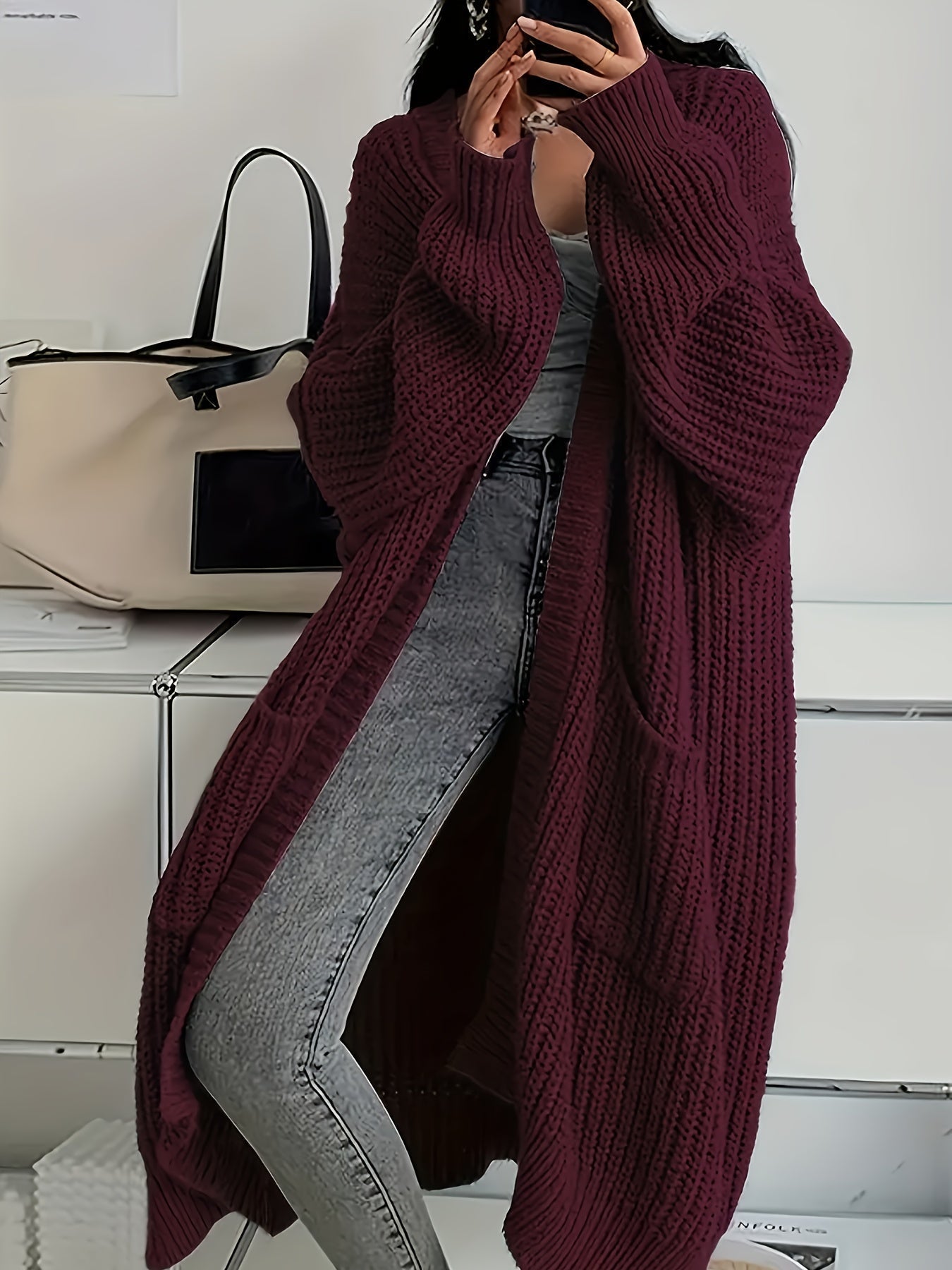 Long Cardigan with Pockets Crimson Red, photo studio