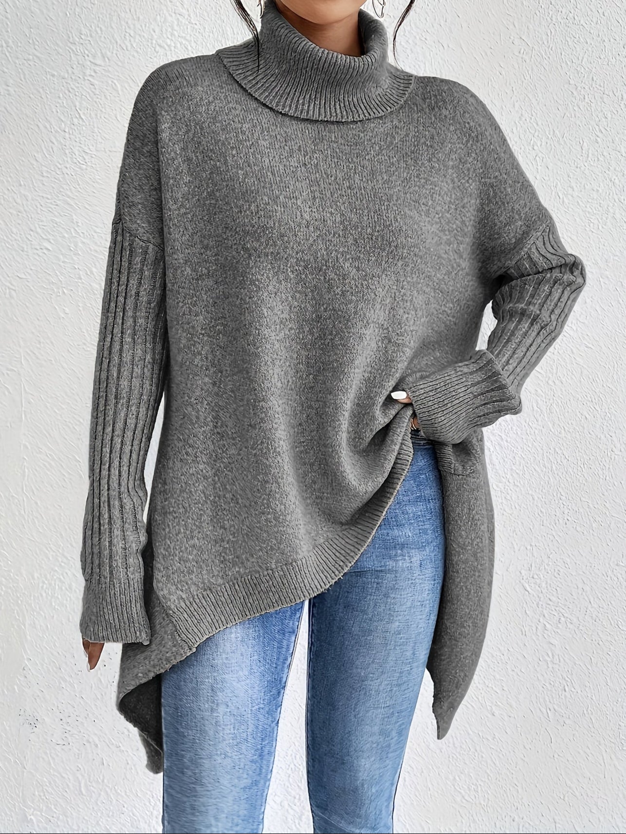Long Split-Hem Turtleneck Jumper