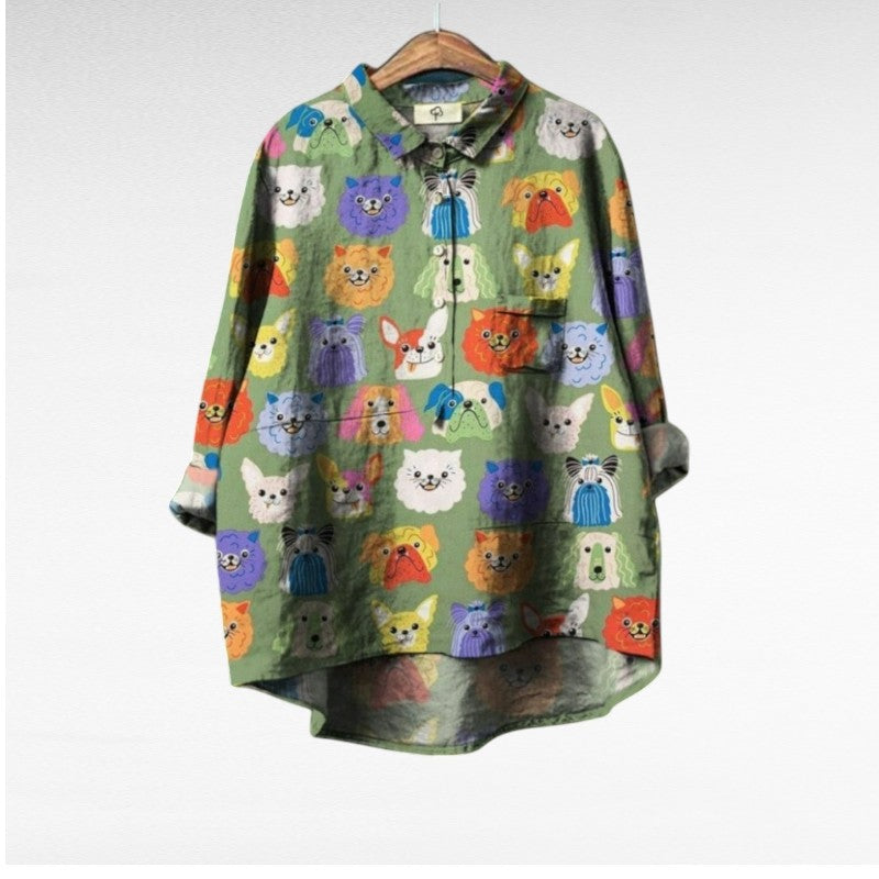 Elegant Summer Blouse in Lilac Dogs Print 4, photo studio