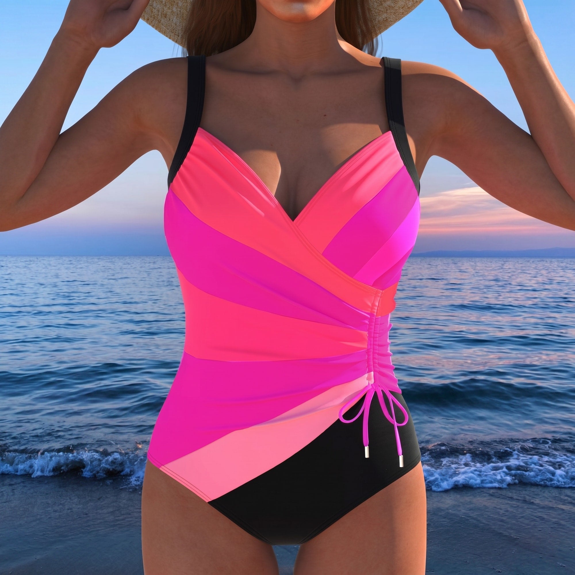 Everleigh | Elegant Swimsuit in Colourful Print Pink, photo studio