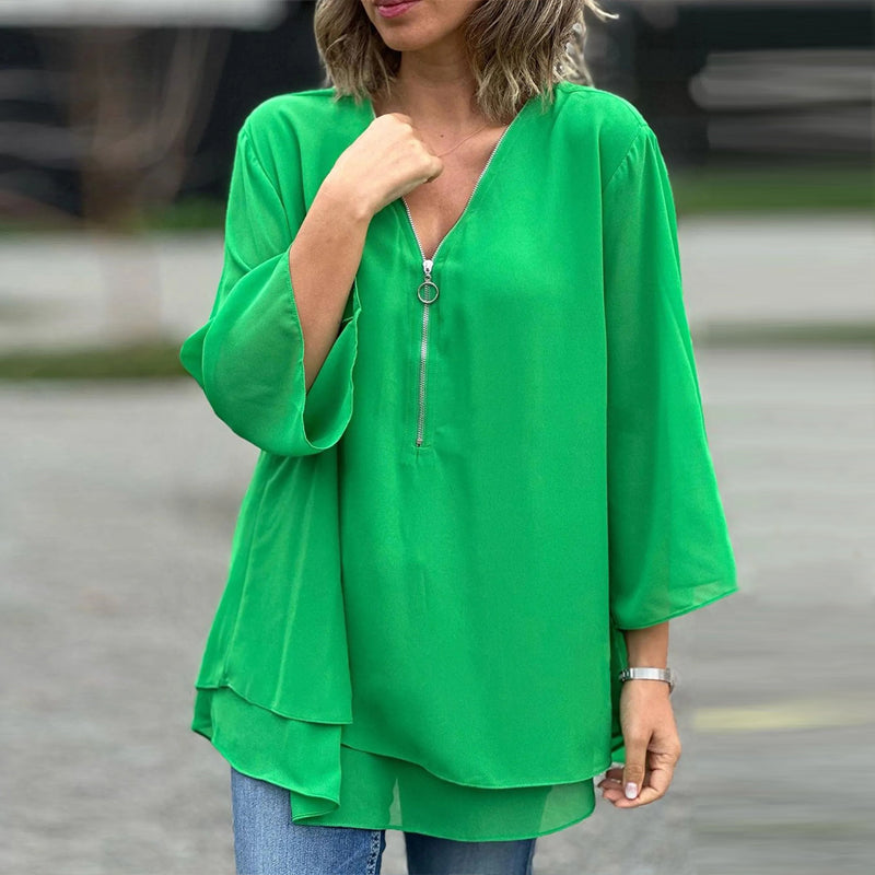 Anika | Double-Hem Zip-Neck Blouse Green, studio photo