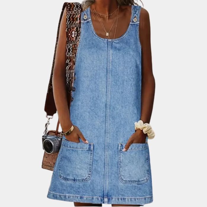 Short Strappy Denim Dress with Pockets