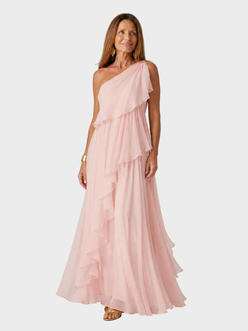 Talia | Maxi Dress with Cascading Ruffles Pink, photo studio