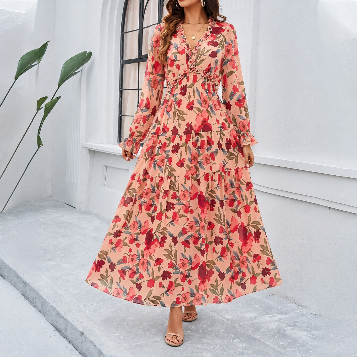 Hester | Elegant Floral Print Dress Pink, studio photo