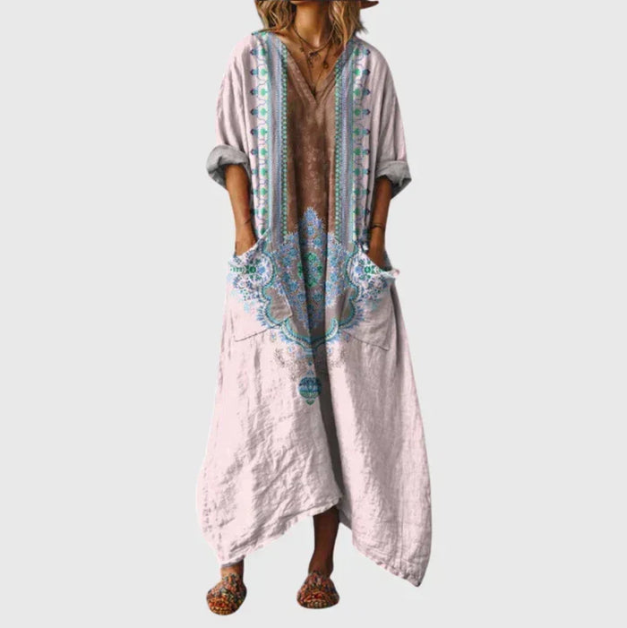 Colourful Print Maxi Dress in Blush and Aqua Border
