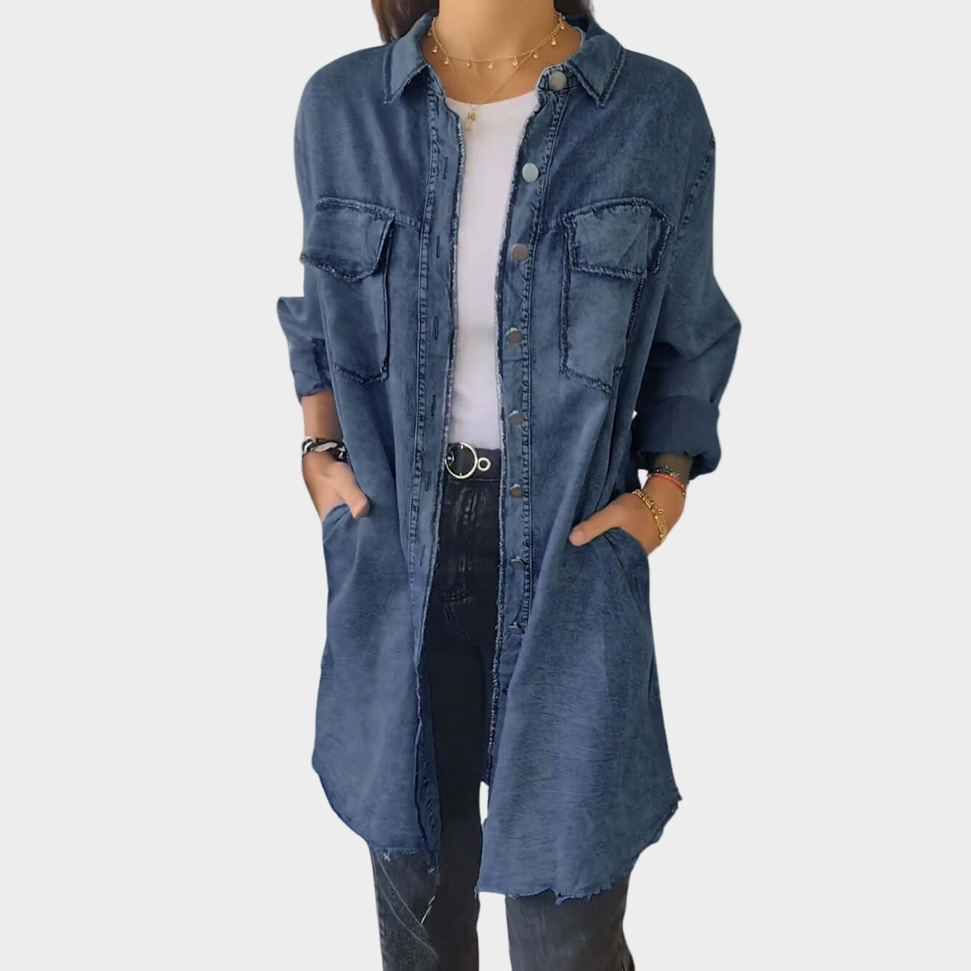 Long-Sleeve Denim Shirt Dress Dark Blue, studio photo