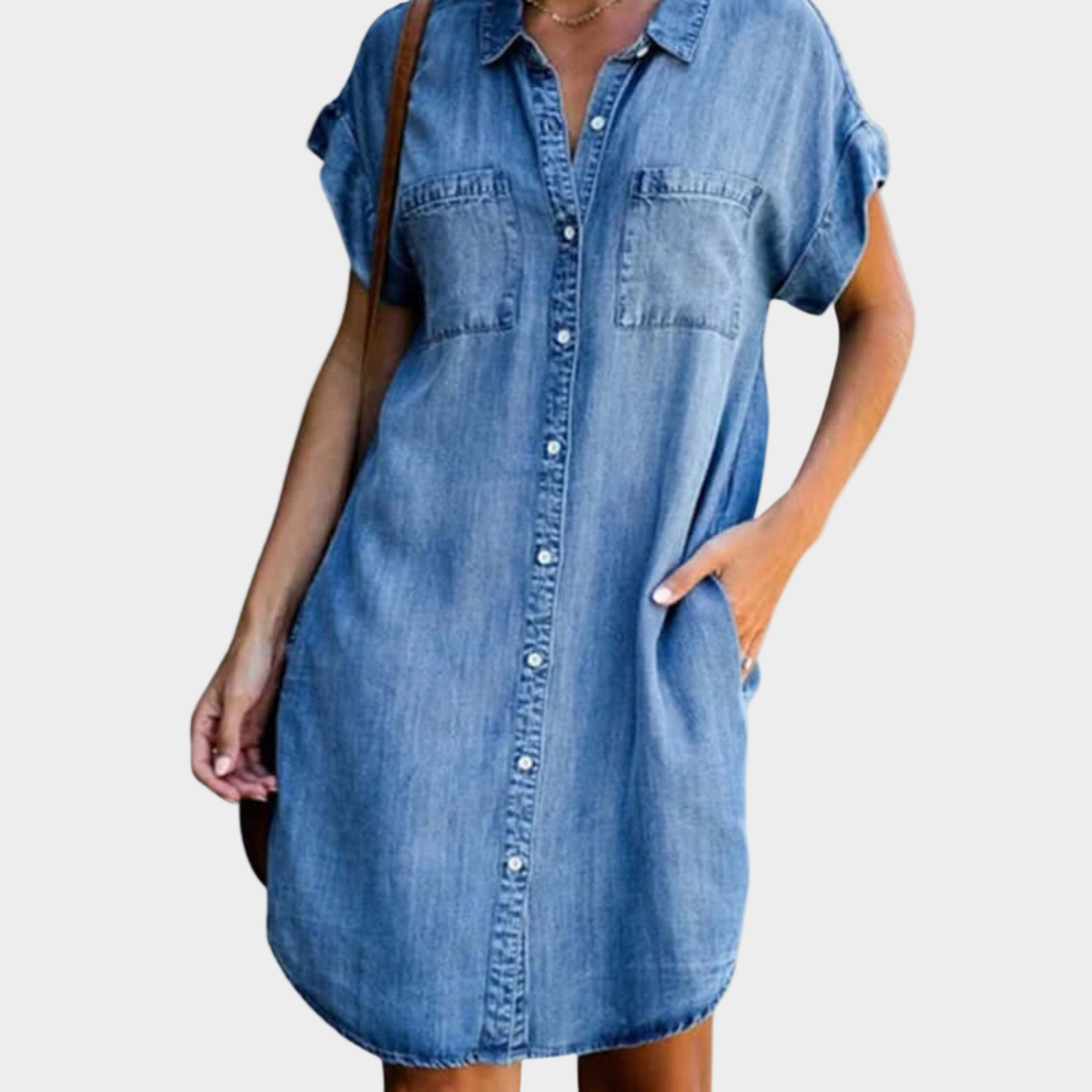 Short Buttoned Denim Dress with Chest Pockets Light Blue, studio photo