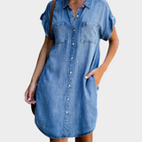 Short Buttoned Denim Dress with Chest Pockets