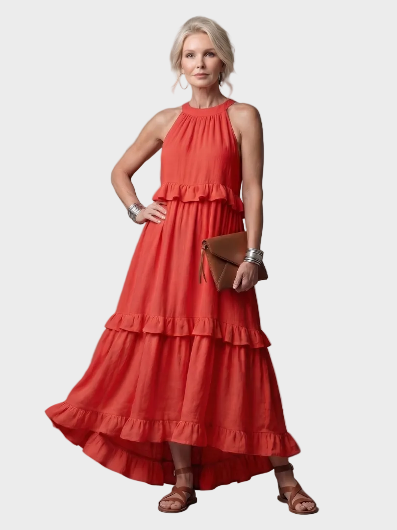 Kathleen | Open-Back Maxi Dress with Ruffles Red, photo studio