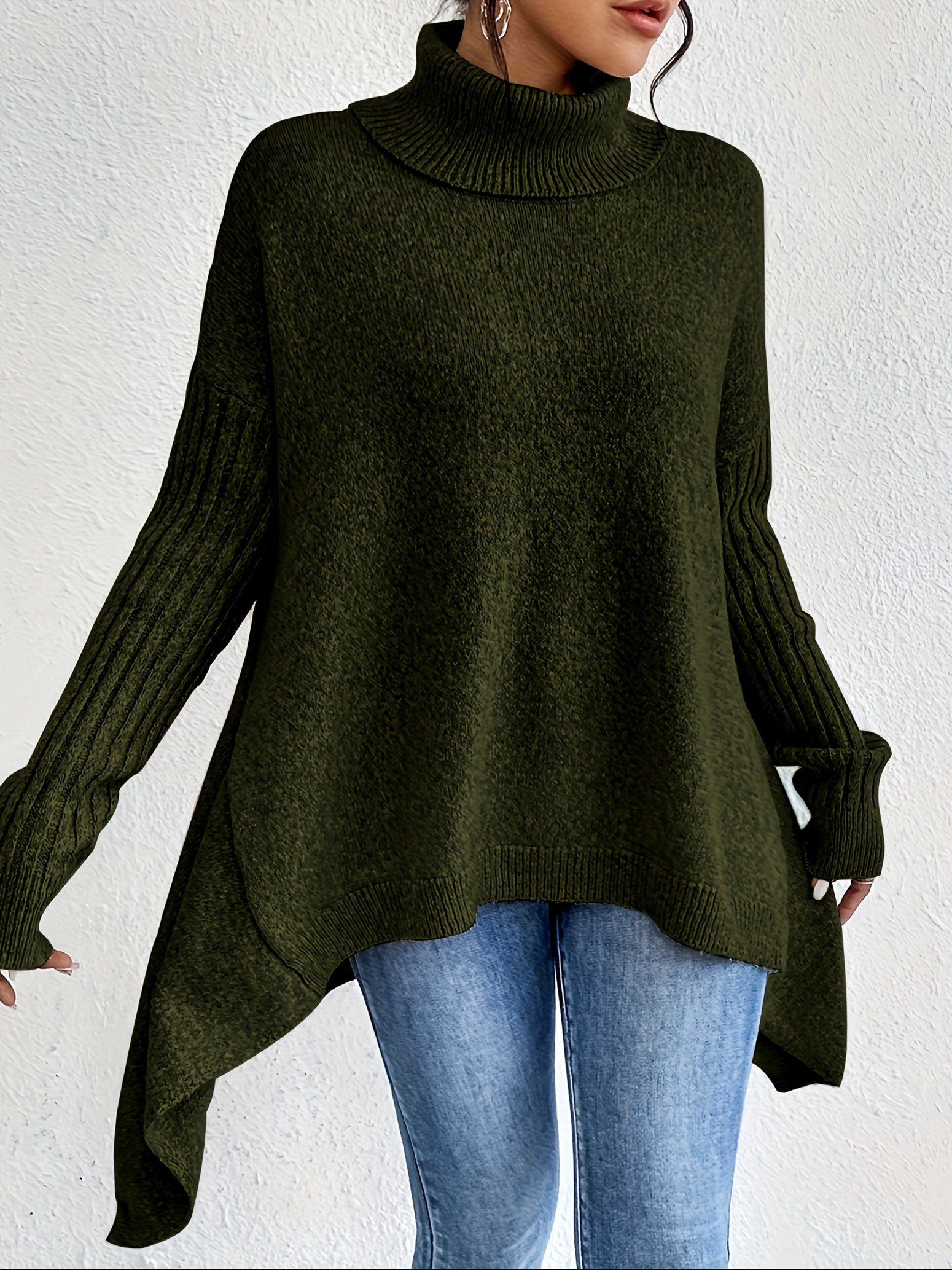 Long Split-Hem Turtleneck Jumper