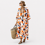 Long Kaftan in Orange and Navy Geometric