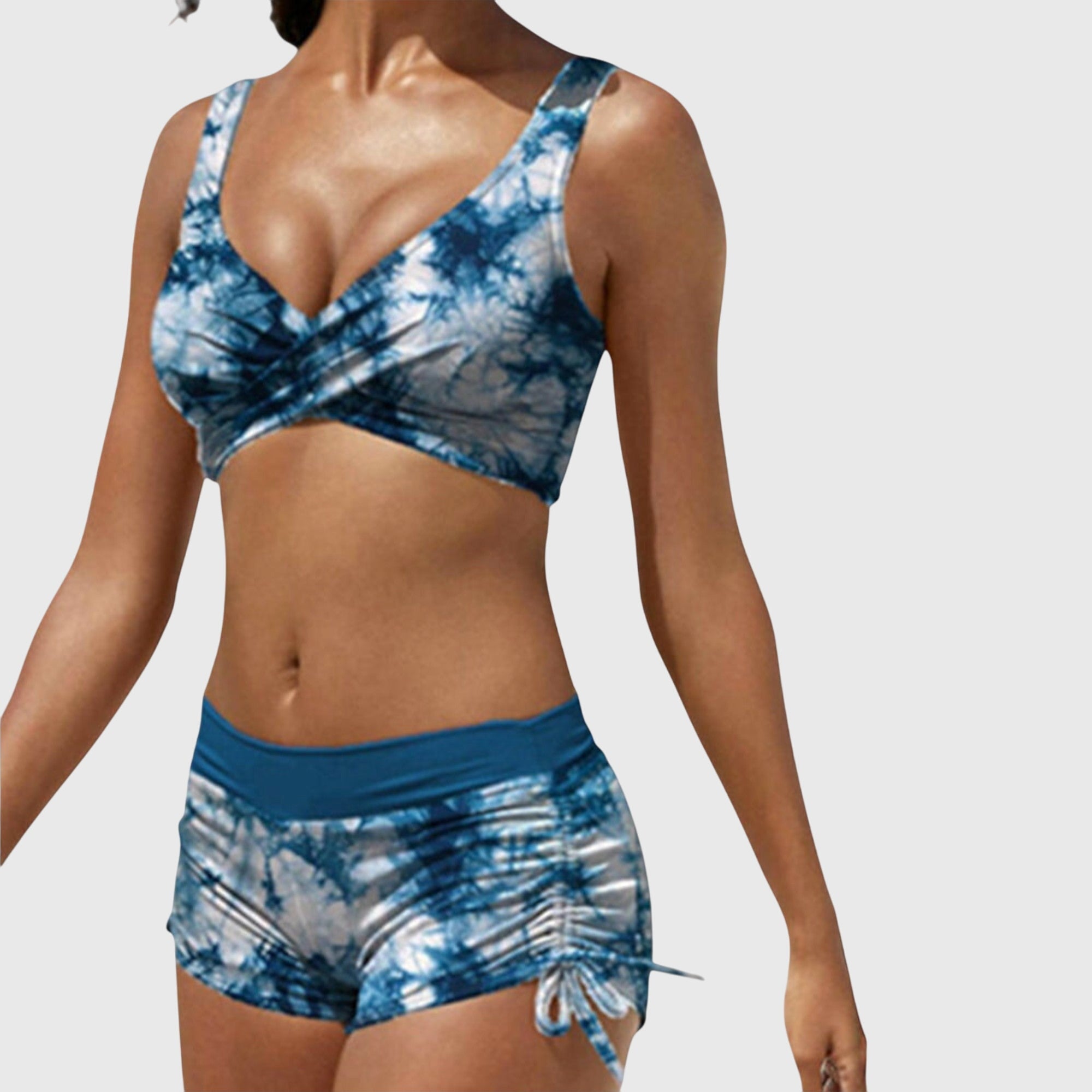 Elegant Bikini Set in Olive Camouflage Blue, photo studio