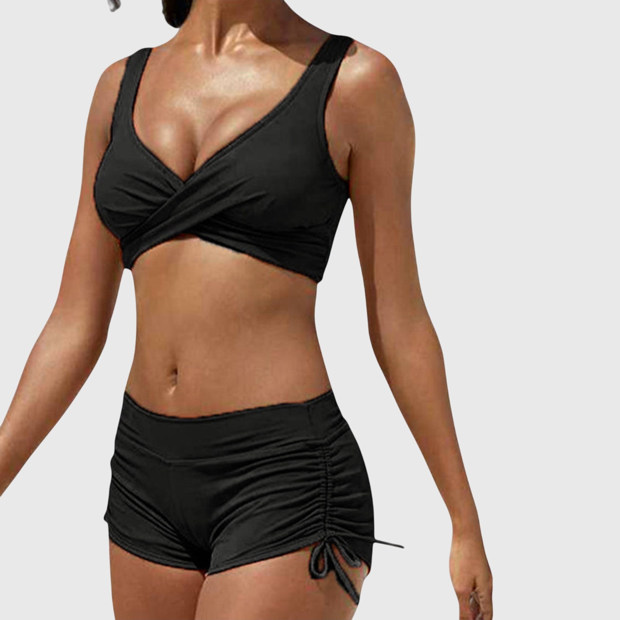 Elegant Bikini Set in Olive Camouflage Black, photo studio