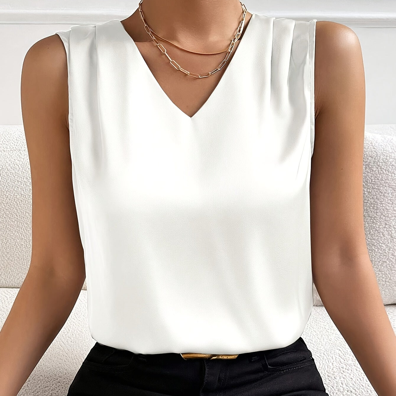 Josie | Sleeveless V-Neck Blouse White, studio photo