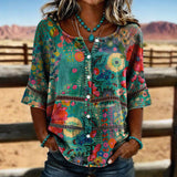 Kenna | Floral Button-Front Blouse with Three-Quarter Sleeves