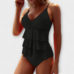 Elegant Swimsuit in Coral Tiered Ruffle
