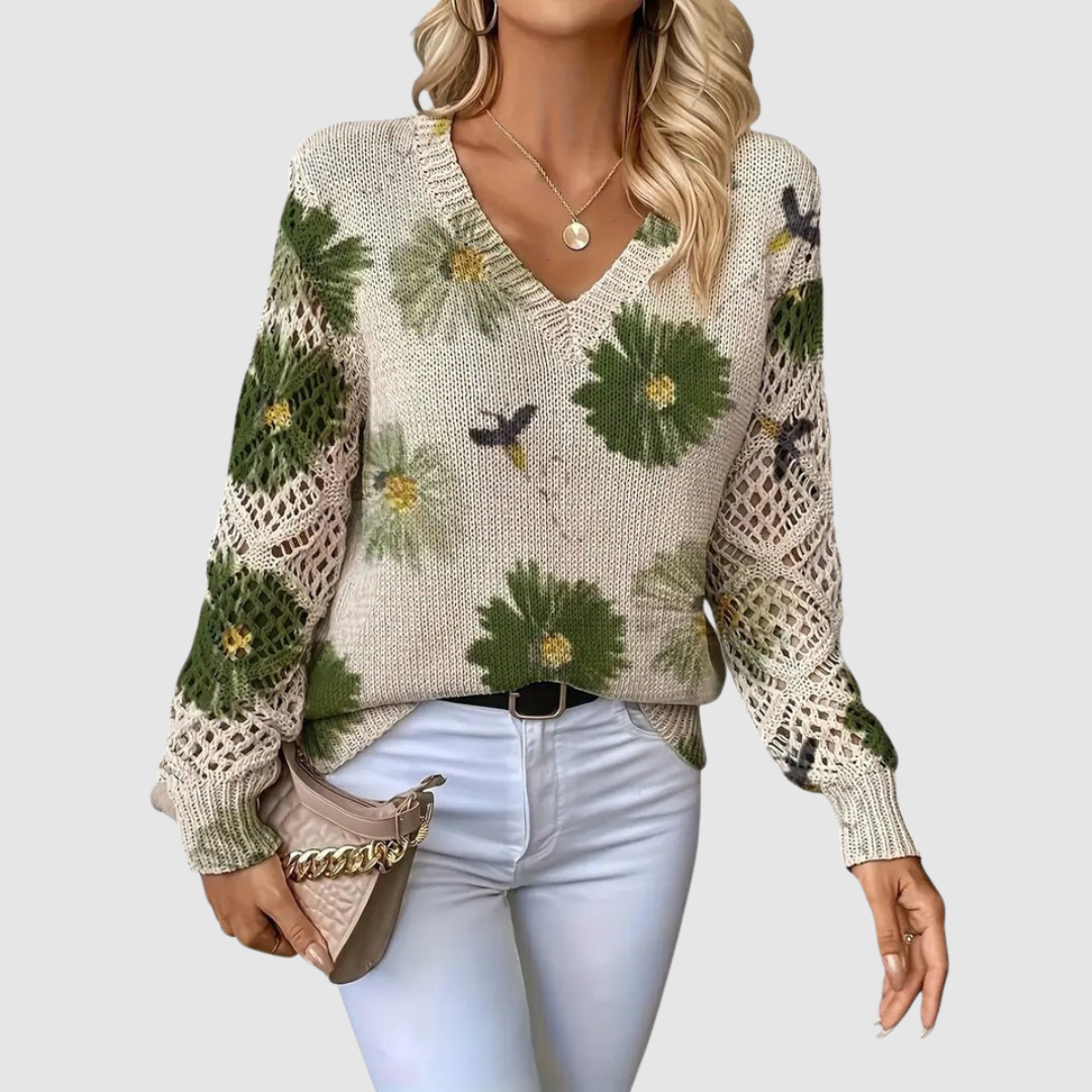 Daisy Openwork Sleeve Jumper Green, studio photo
