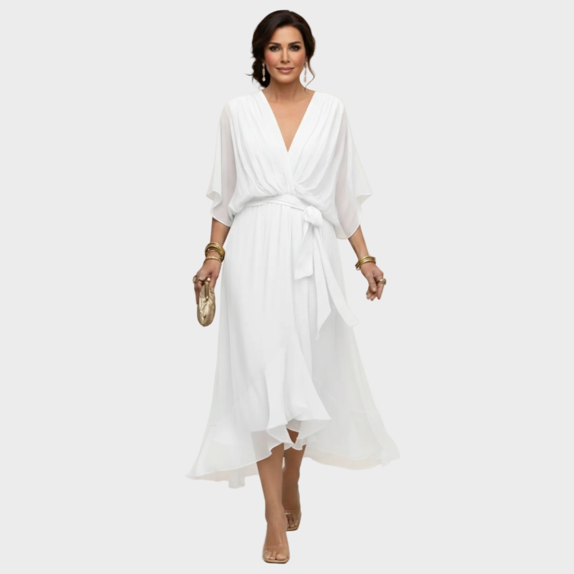 Monica | V-Neck Chiffon Dress White, photo studio