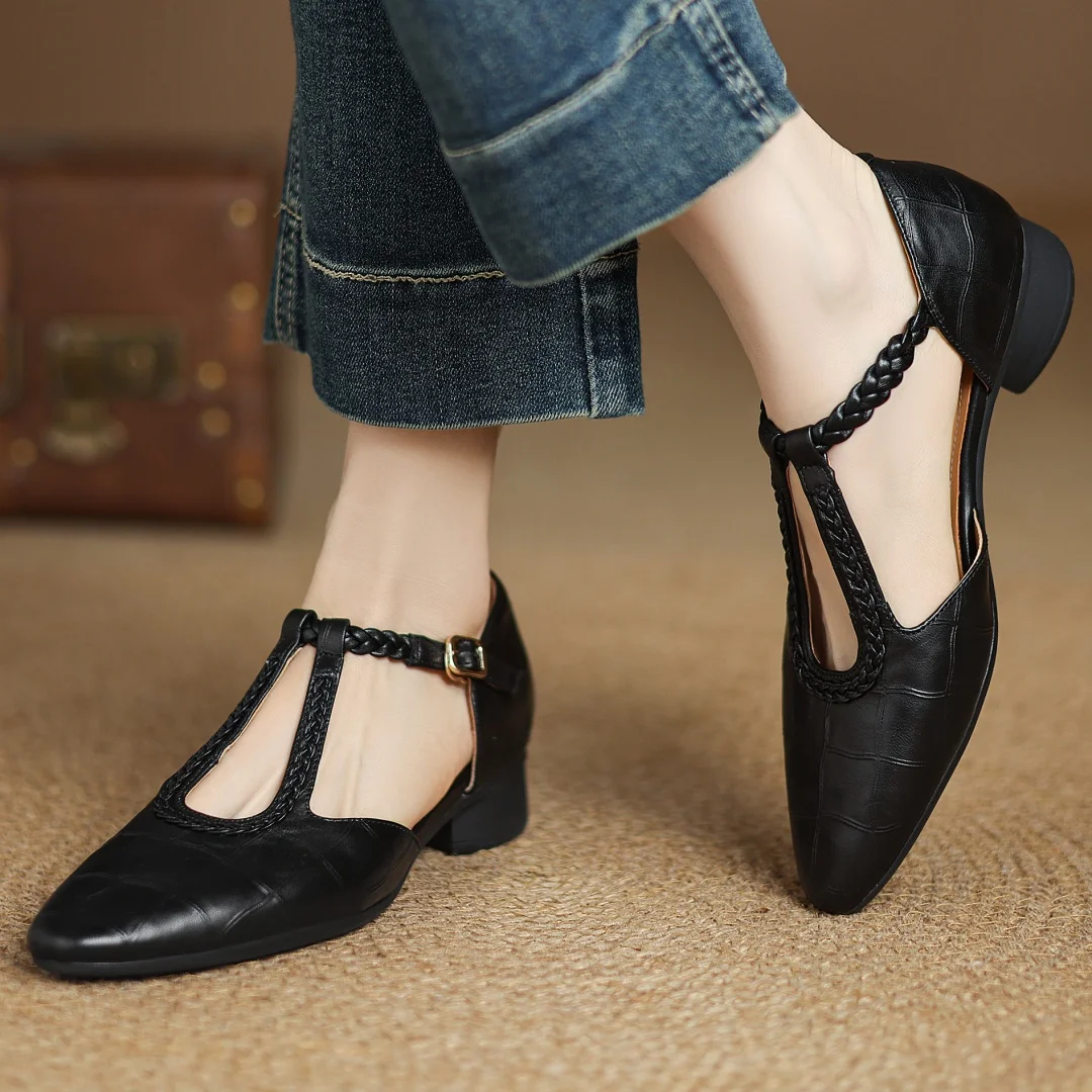 Braided-Strap Leather T-Bar Shoes Black, studio photo