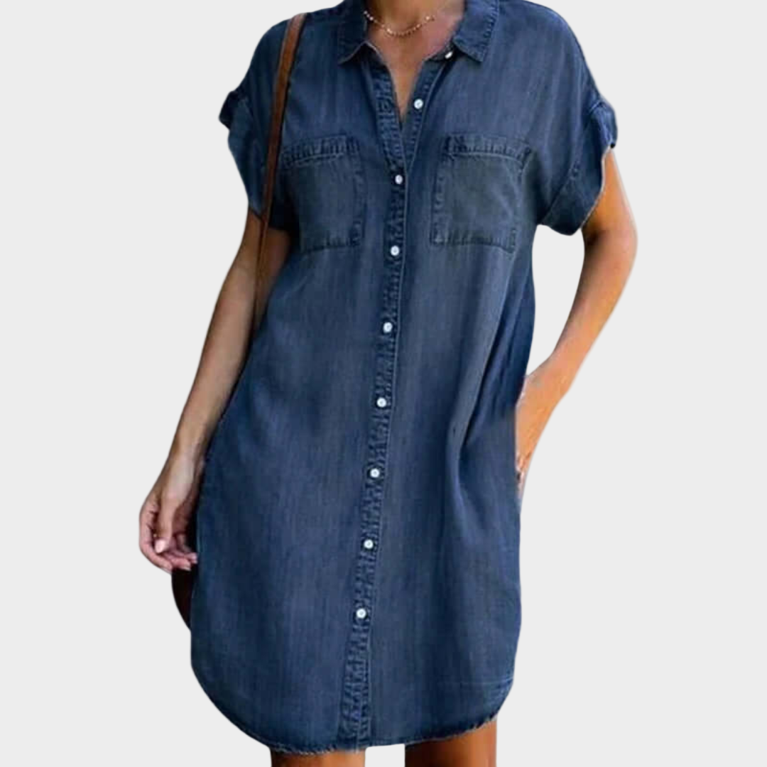 Short Buttoned Denim Dress with Chest Pockets Dark Blue, studio photo
