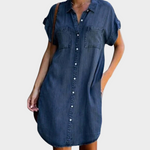 Short Buttoned Denim Dress with Chest Pockets