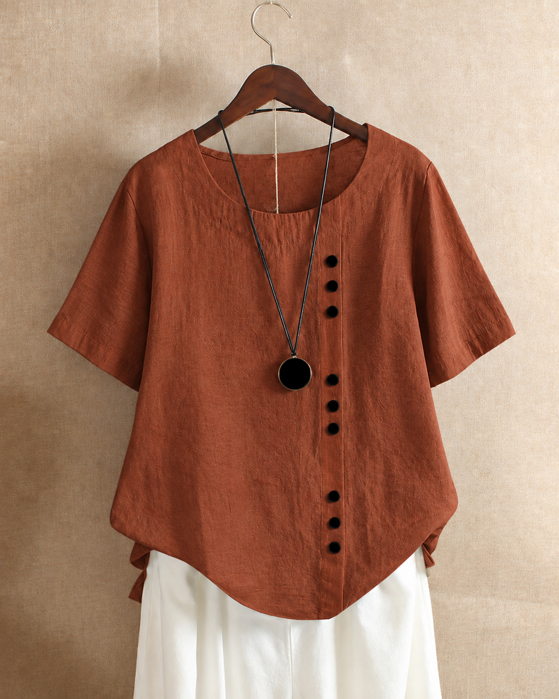 Ursula | Asymmetric Button Blouse Brown, studio photo