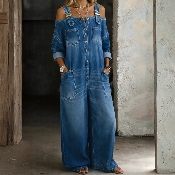 Off-the-Shoulder Buttoned Denim Overalls