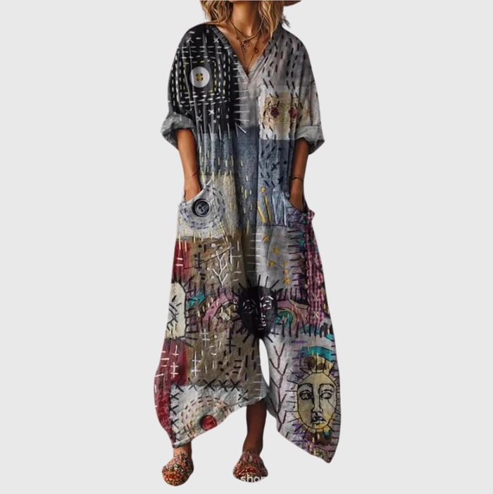 Jane | Colourful Print Maxi Dress in Grey Folk Collage