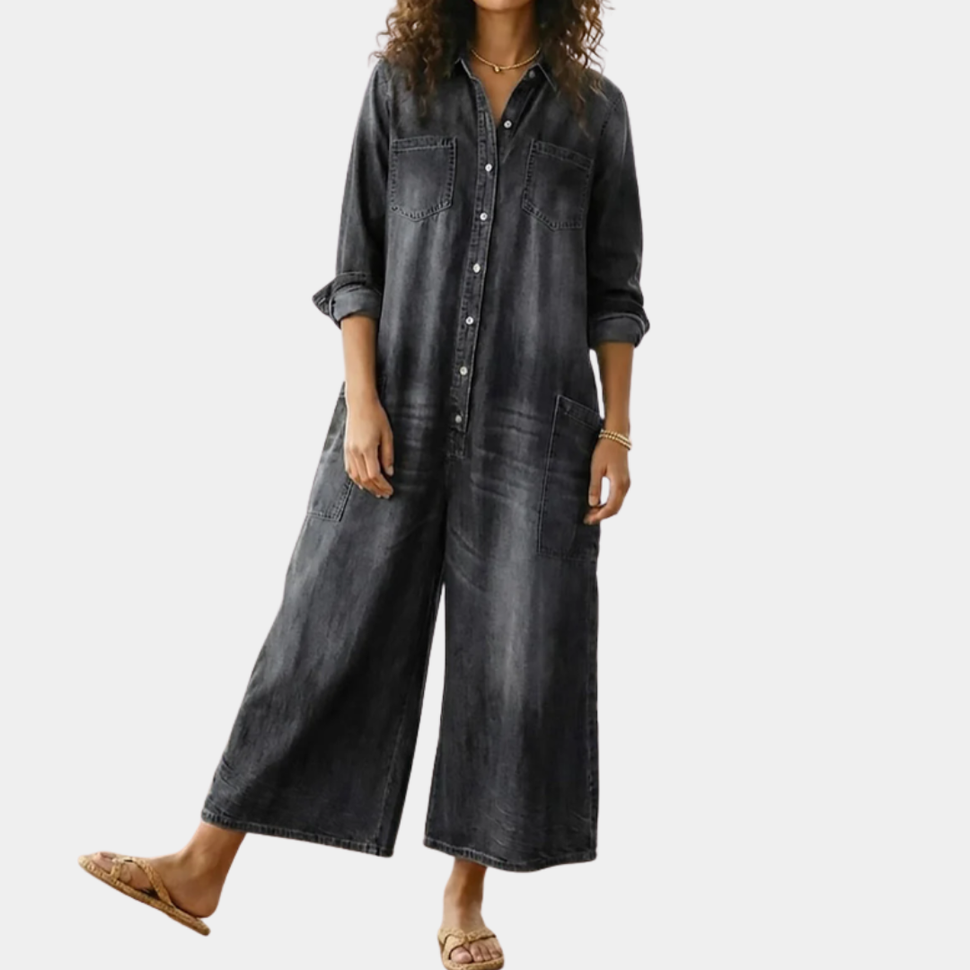 Long-Sleeve Cotton Denim Jumpsuit