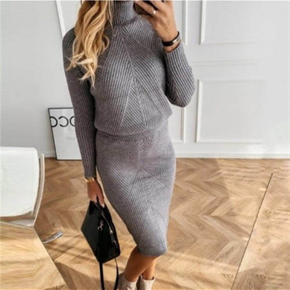 Petra | Knit Turtleneck Midi Dress Grey, studio photo