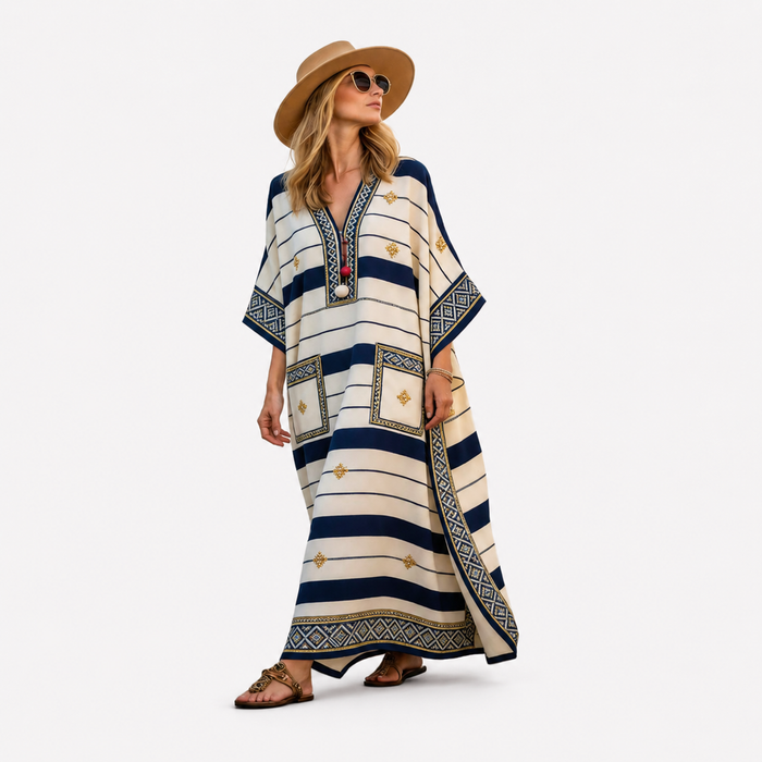 Elegant Kaftan in Cream Nautical Stripe