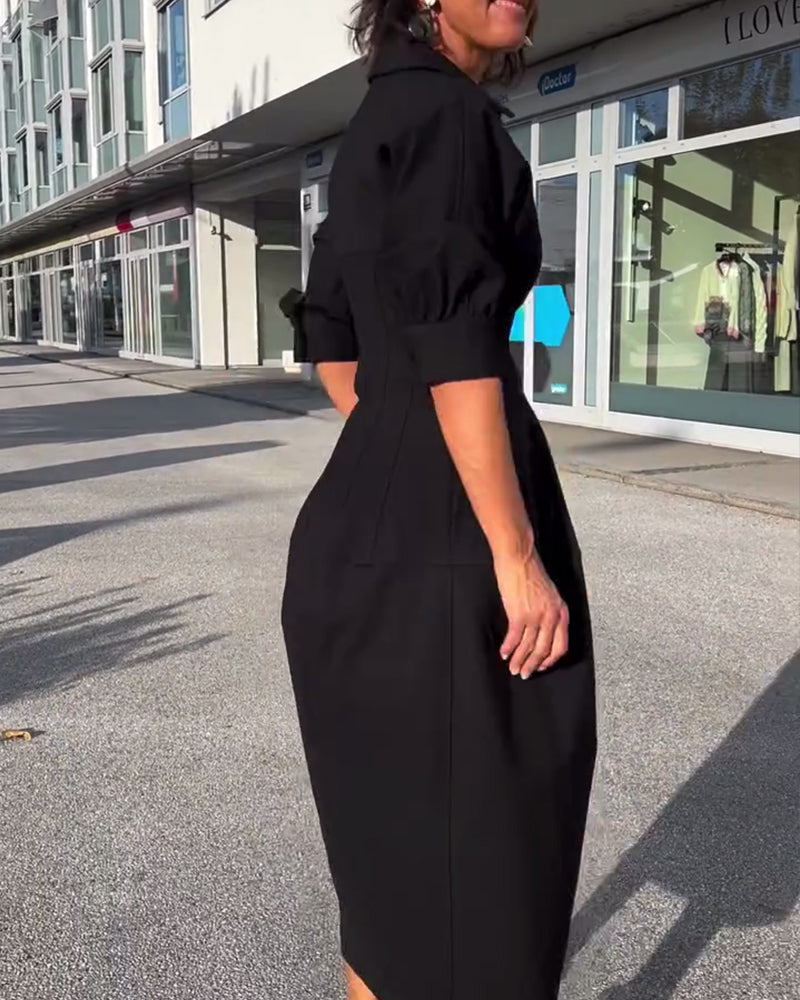 Portia | Black Collared Midi Dress with Pockets
