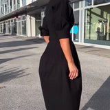 Portia | Black Collared Midi Dress with Pockets