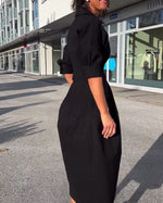 Portia | Black Collared Midi Dress with Pockets