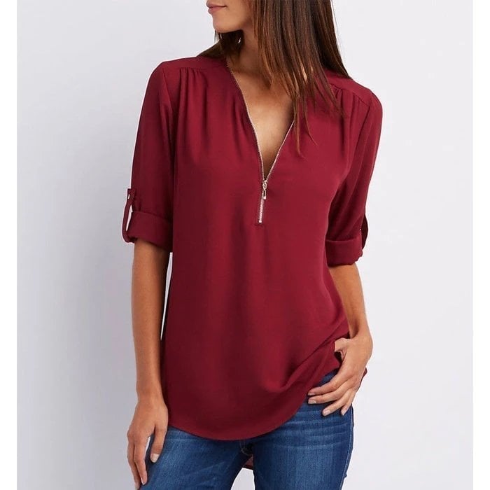 Carole | Zip-Neck Blouse with Roll-Up Sleeves Brick Red, studio photo