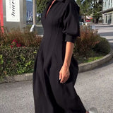 Portia | Black Collared Midi Dress with Pockets