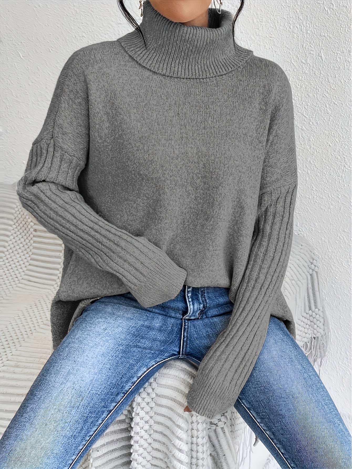 Long Split-Hem Turtleneck Jumper
