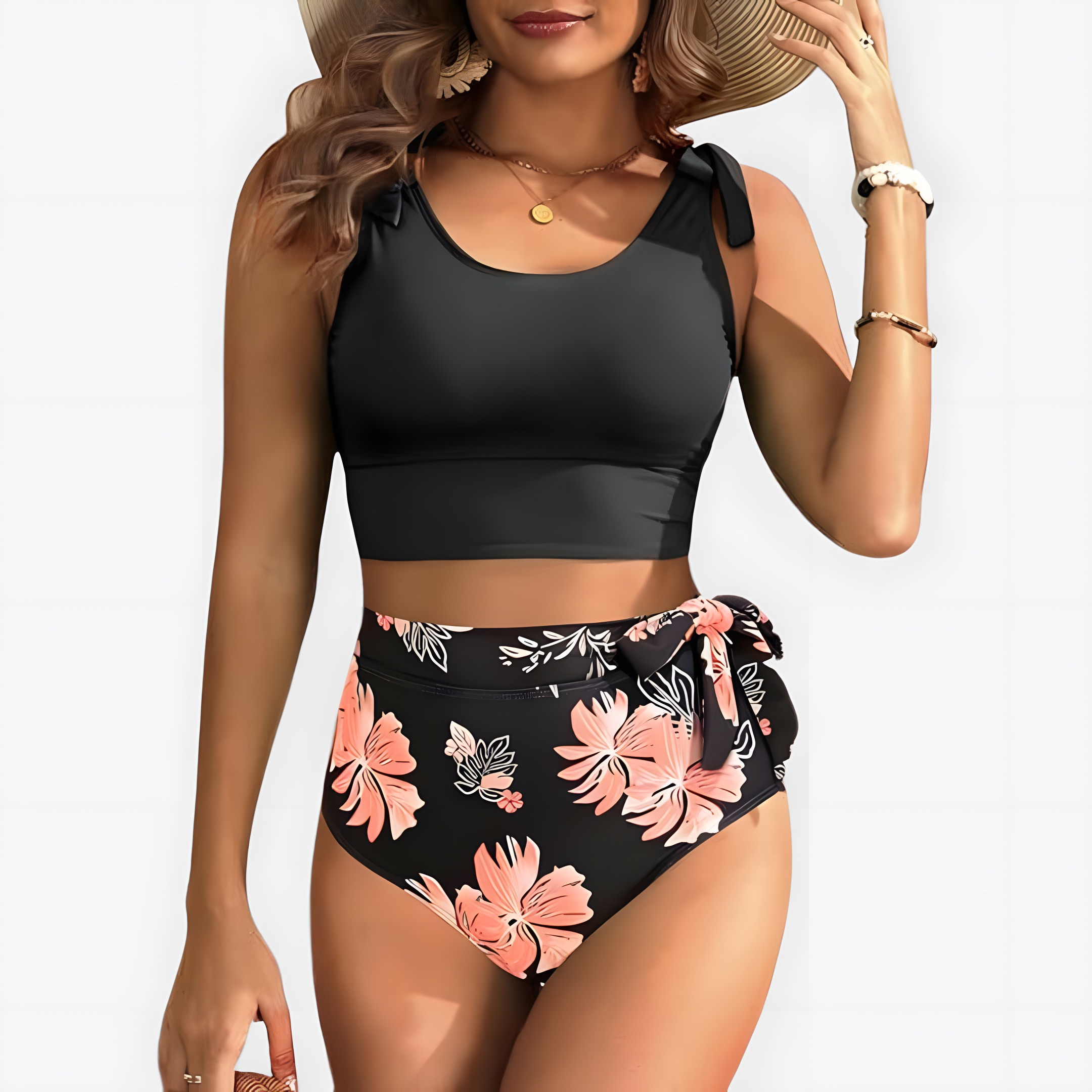 High-Waisted Two-Piece Bikini Set Floral, photo studio
