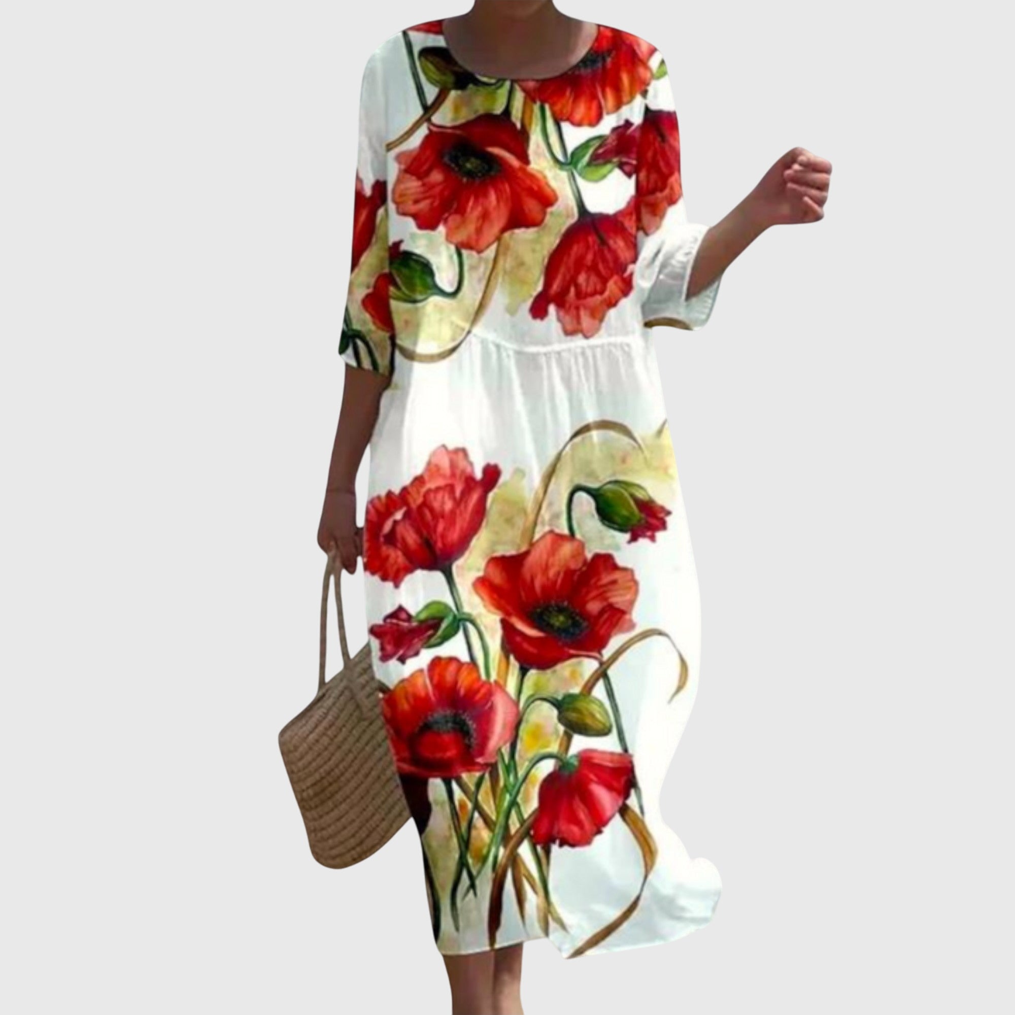 Elegant Floral Maxi Dress Red, studio photo