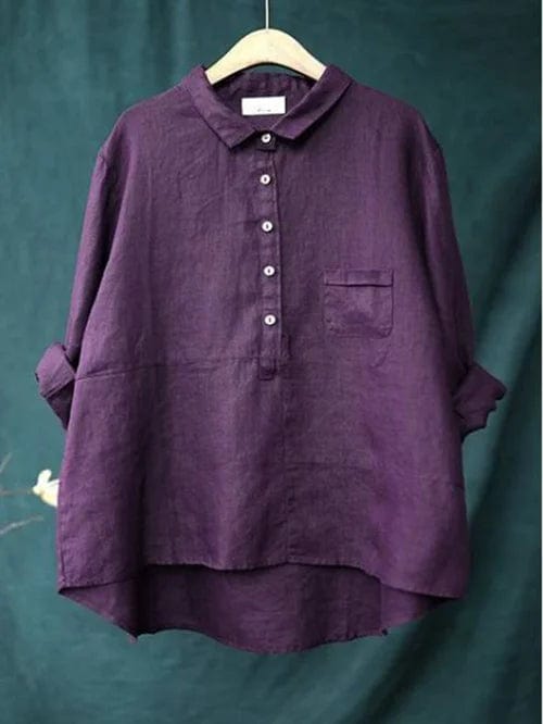 Elegant Summer Blouse in Olive Linen Purple, photo studio
