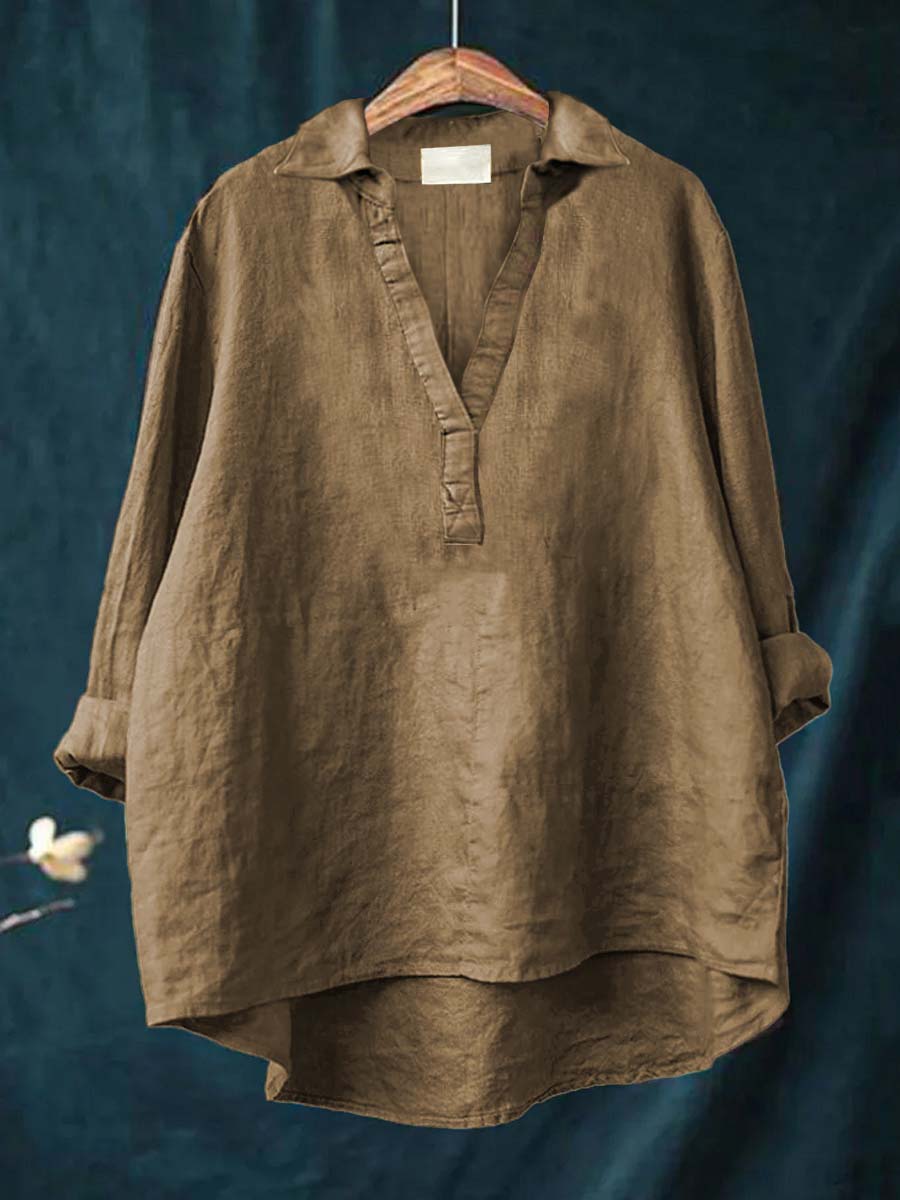 Elegant Summer Blouse in Black Linen Khaki, photo studio
