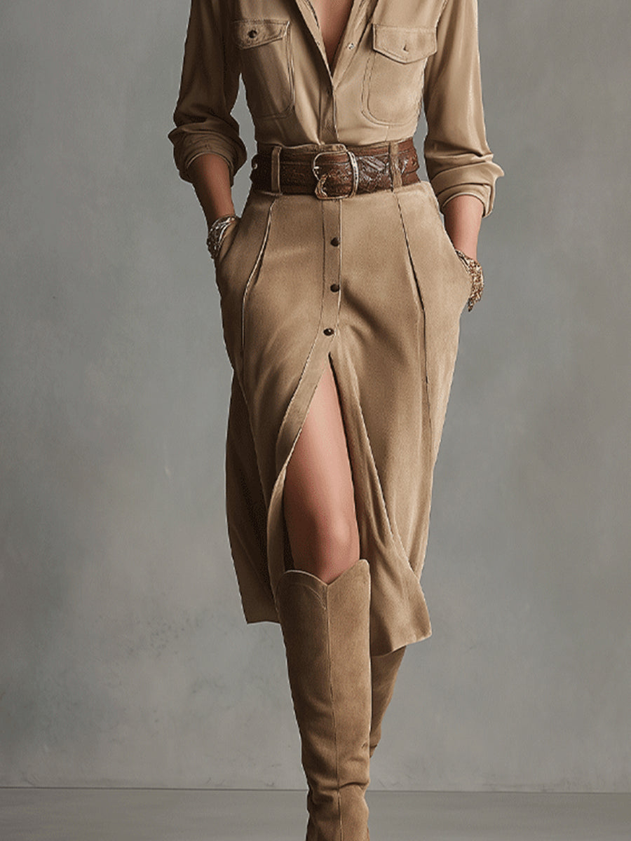 Trendy Brown Suede Midi Dress