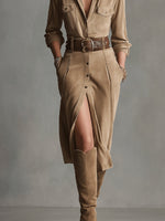 Trendy Brown Suede Midi Dress