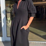 Portia | Black Collared Midi Dress with Pockets