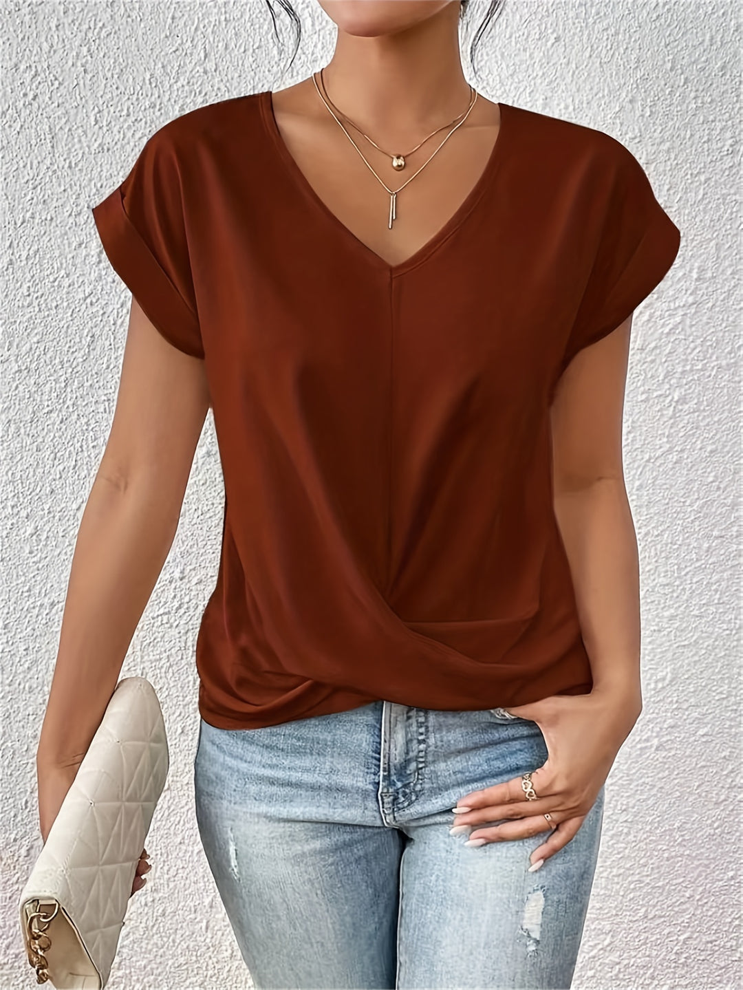 Sybil | Soft V-Neck Top Brown, studio photo