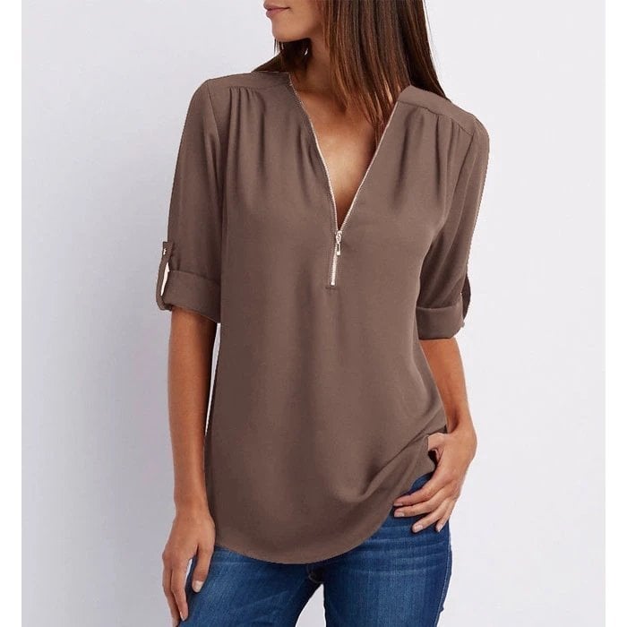 Carole | Zip-Neck Blouse with Roll-Up Sleeves Coffee, studio photo