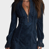 Jasmine | Blue Suede Short Dress with Lace
