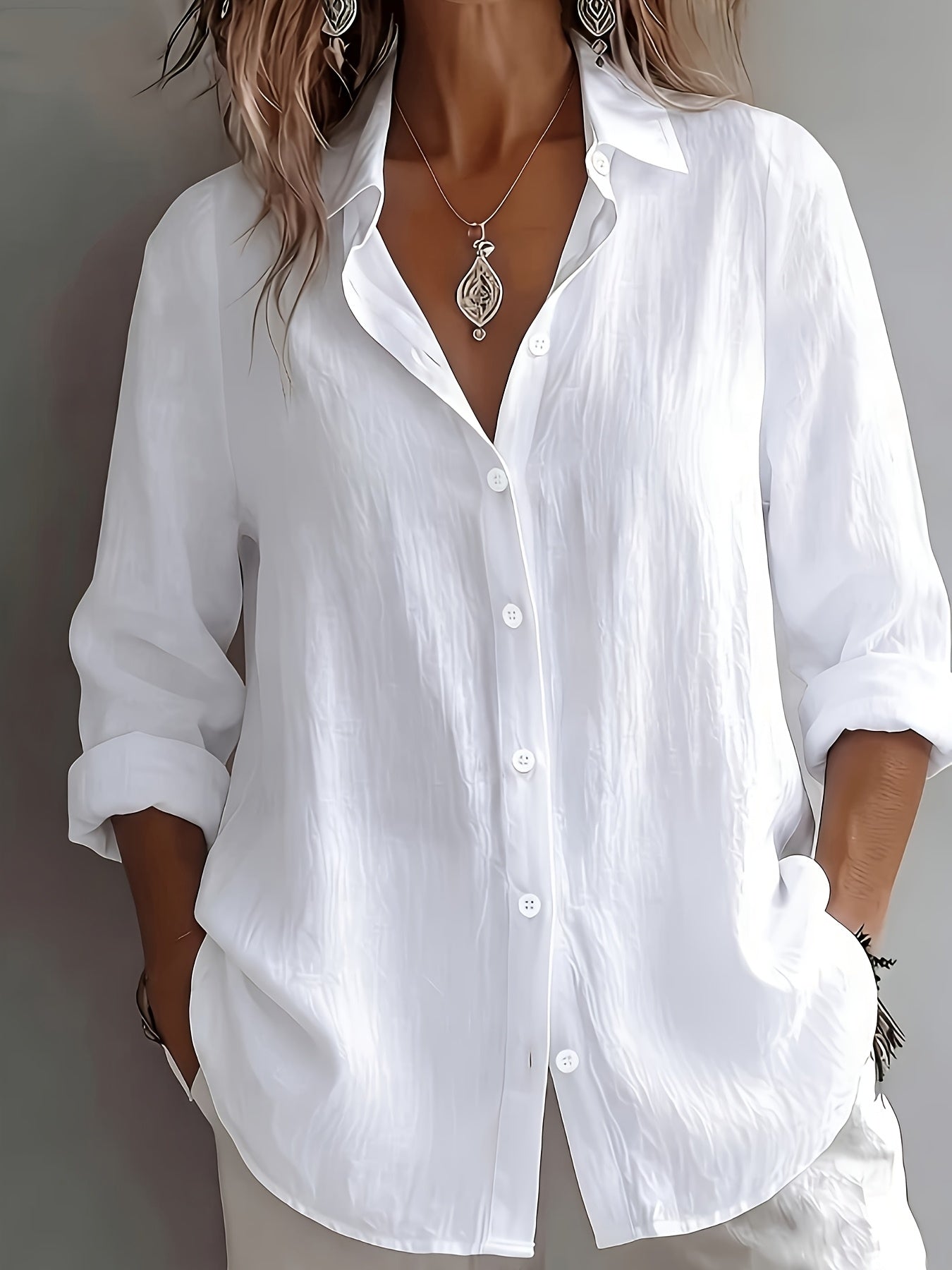 Renata | Turn-Down Collar Long-Sleeve Shirt White, studio photo