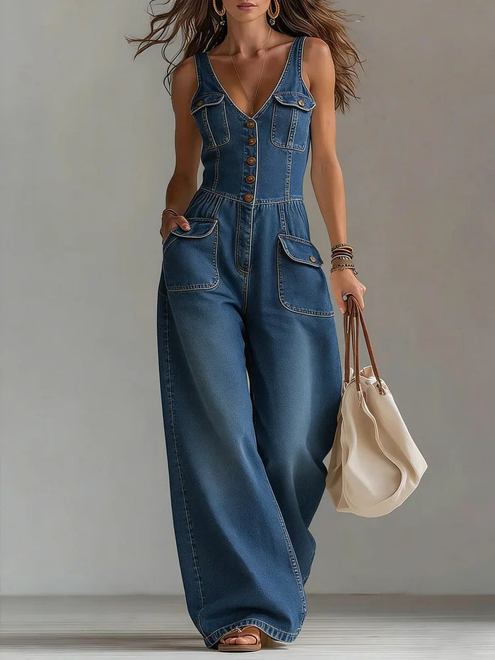 Sleeveless V-Neck Denim Jumpsuit